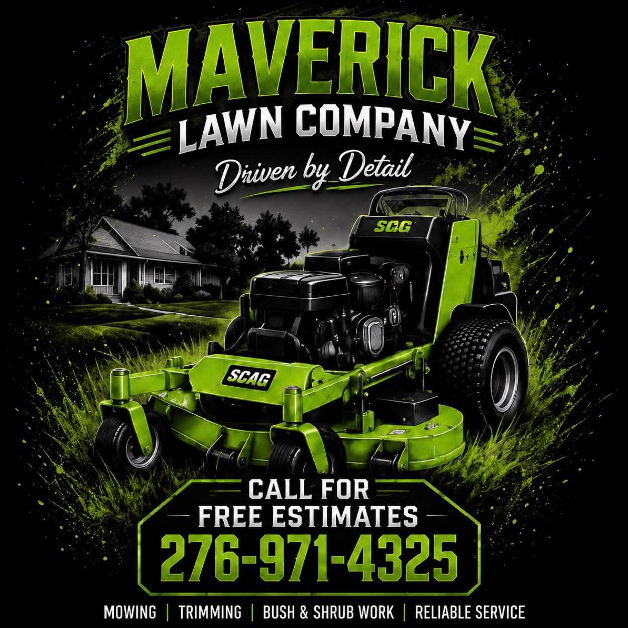 Maverick Lawn Company Scag mower on a striped lawn
