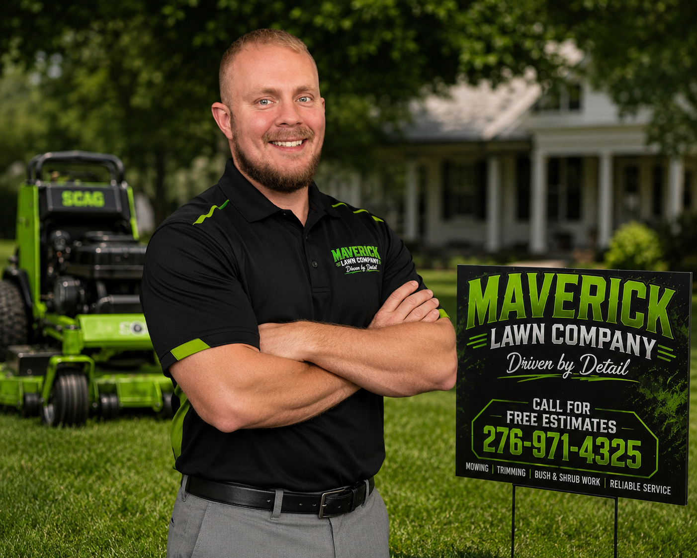 Greg, owner of Maverick Lawn Company, standing beside a professional Scag mower